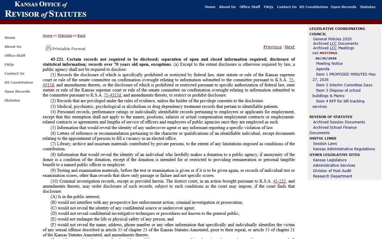 Sherman County Clerk of the District Court K.S.A. 45-221 access limits