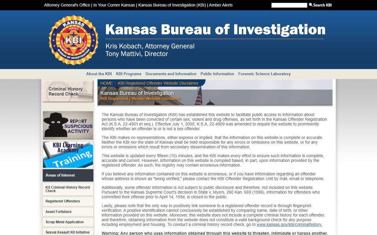 Sherman County criminal court records KBI registered offender source
