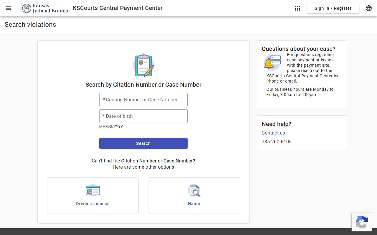Sherman County traffic court records and Kansas Central Payment Center search fields
